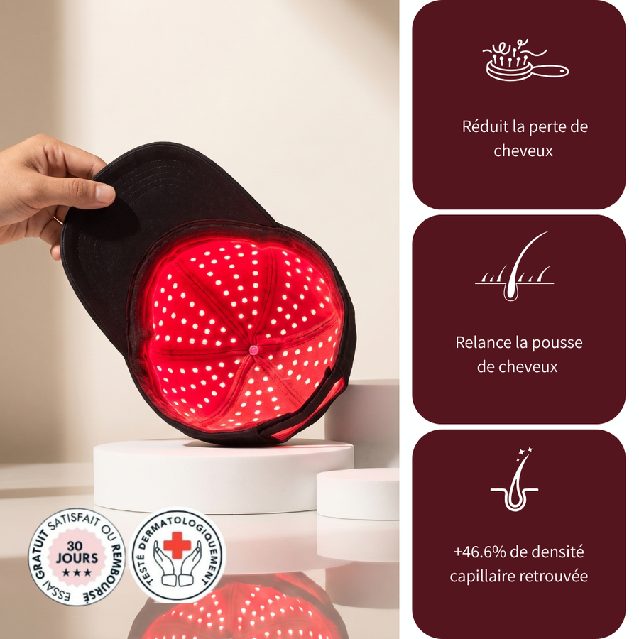 La casquette LED qui aide à <em>ralentir la chute </em> et relancer la pousse de vos cheveux en 15 minutes, depuis chez vous.