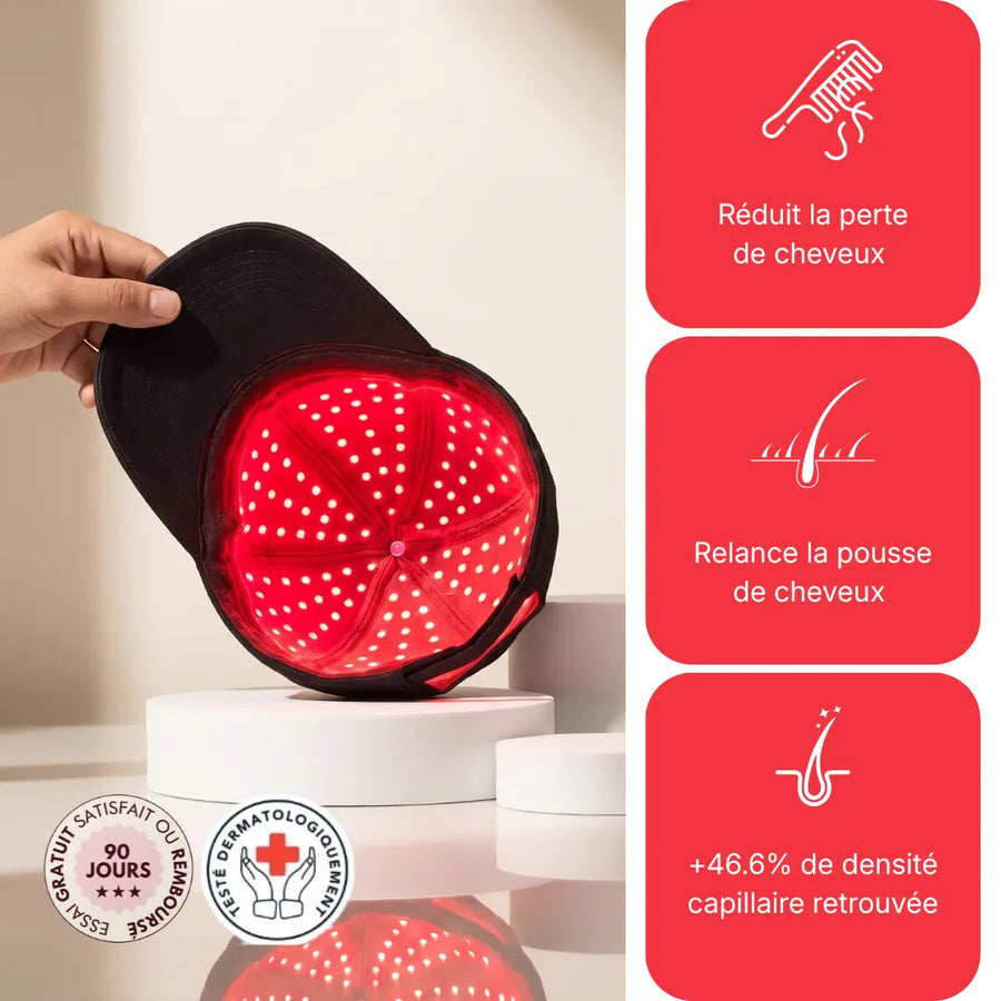 La casquette LED qui aide à <em>ralentir la chute </em> et relancer la pousse de vos cheveux en 15 minutes, depuis chez vous.