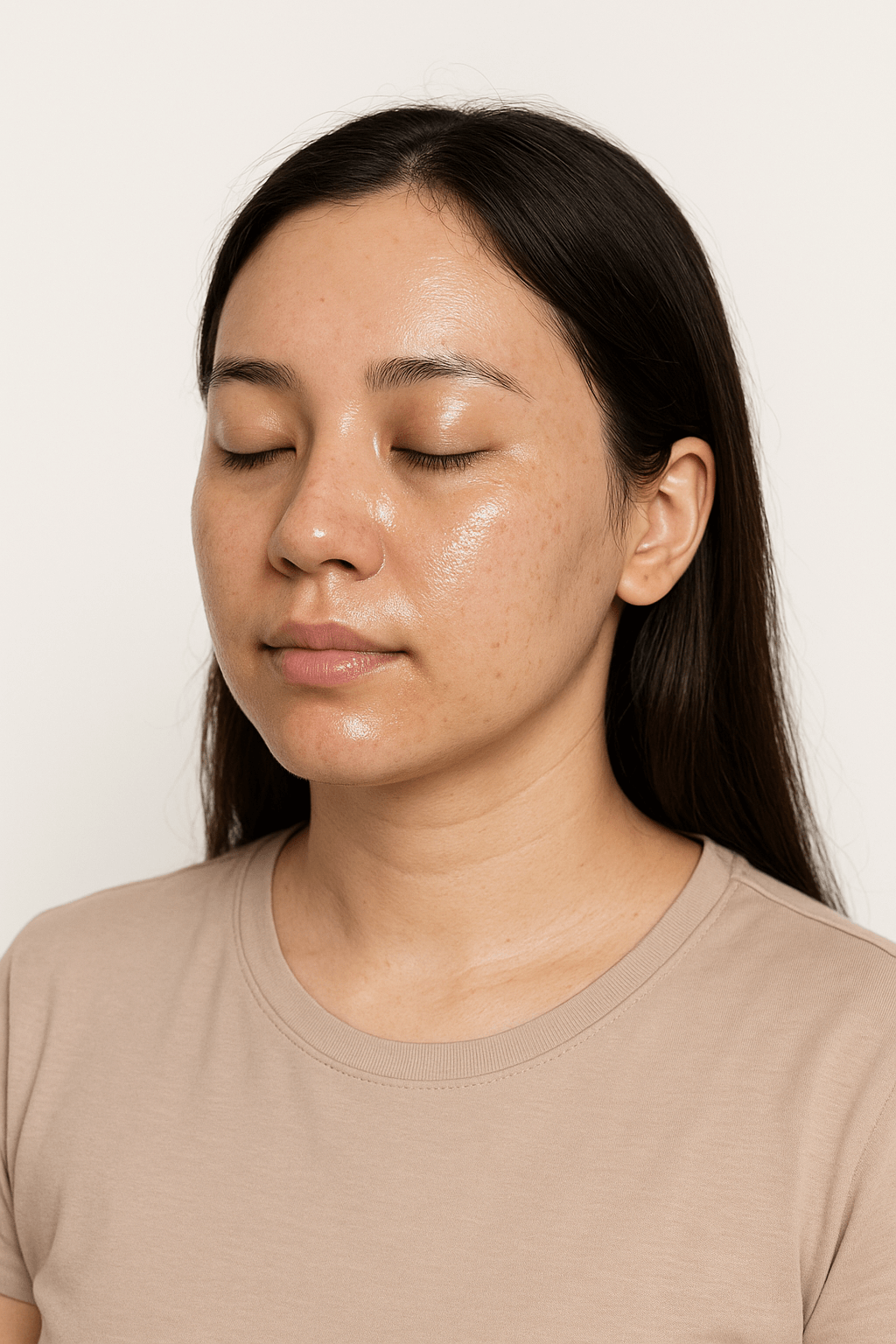 Woman with closed eyes showcasing balanced skin, highlighting a healthy, fresh, and radiant complexion.