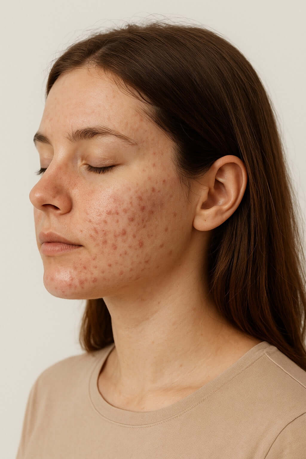 femme avec problemes de peau, imperfection, bouton, cicatrices, acné