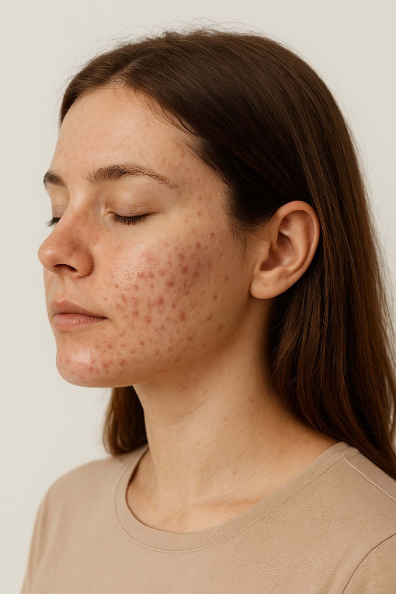 femme avec problemes de peau, imperfection, bouton, cicatrices, acné
