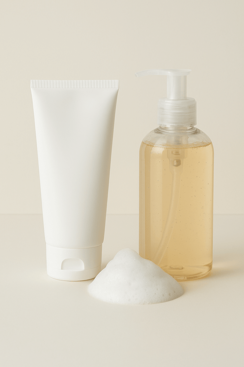Nettoyants et exfoliants : tube de crème et flacon de produit moussant pour le soin du visage.