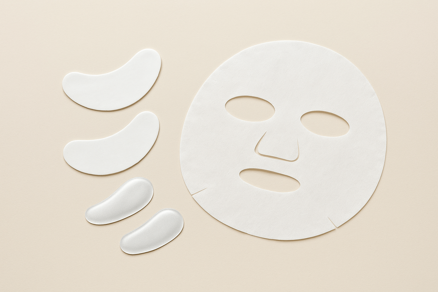 Masques et patchs pour le visage, incluant un masque complet et des patchs pour les yeux.