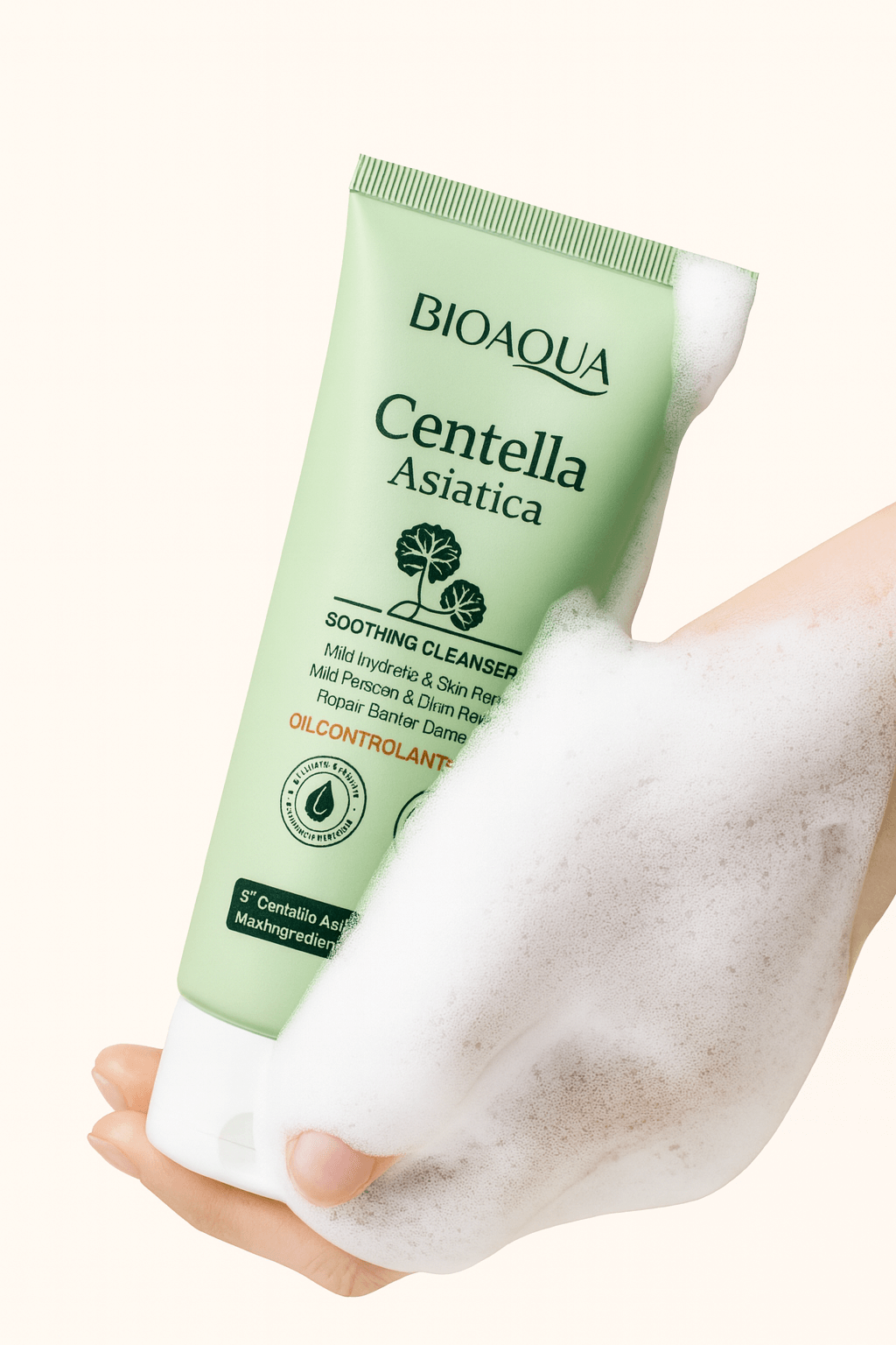 nettoyant tenue dans la main avec de la mousse