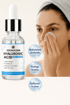 Sérum visage Youngcome à l'acide hyaluronique, hydratation intense et soin de la peau, appliqué sur le visage.