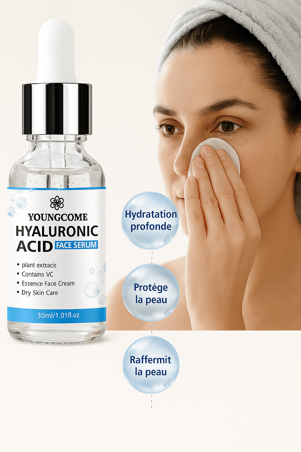 Sérum visage Youngcome à l'acide hyaluronique, hydratation intense et soin de la peau, appliqué sur le visage.