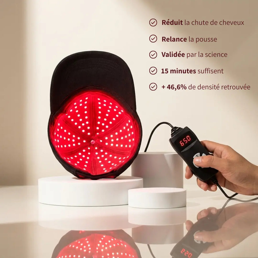 La casquette LED qui aide à <em>ralentir la chute </em> et relancer la pousse de vos cheveux en 15 minutes, depuis chez vous.