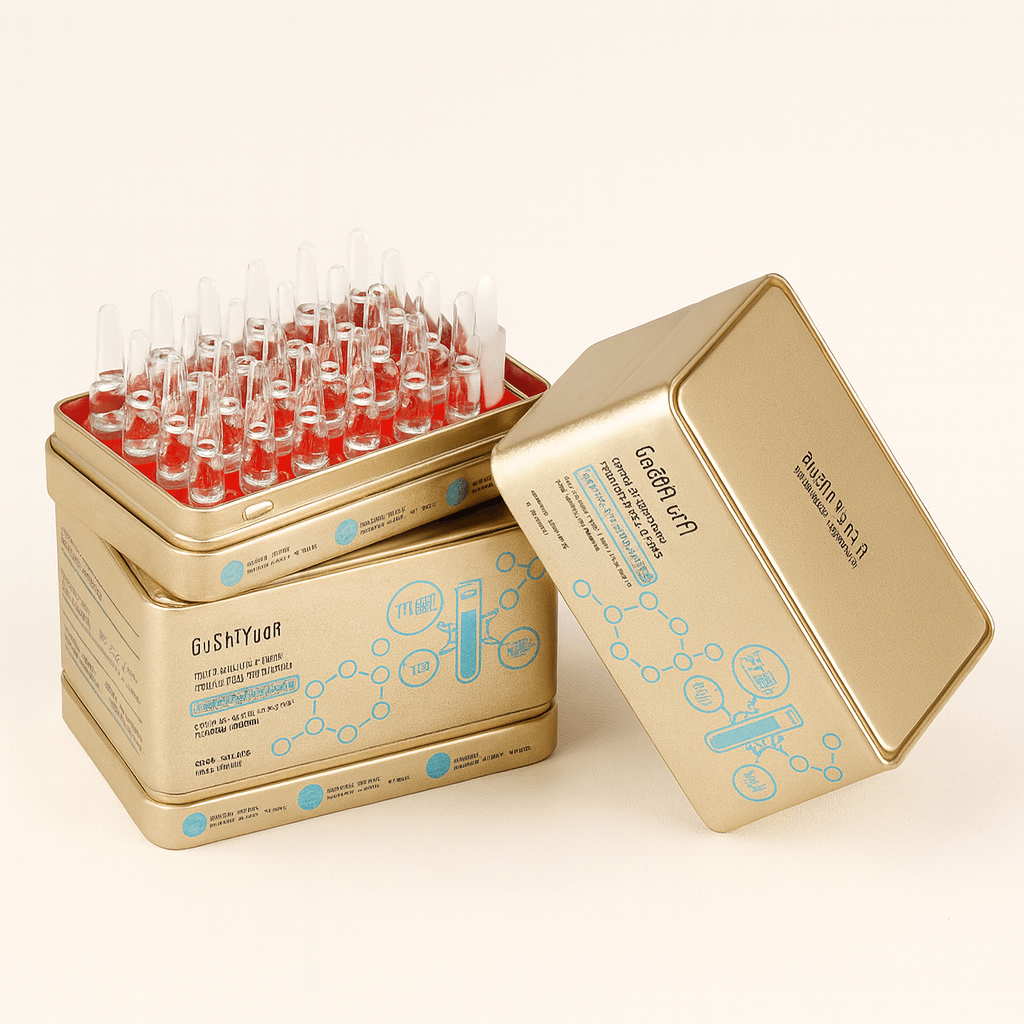 Sérum Anti-Âge en ampoules pour hydratation et régénération de la peau, présenté dans une boîte dorée.