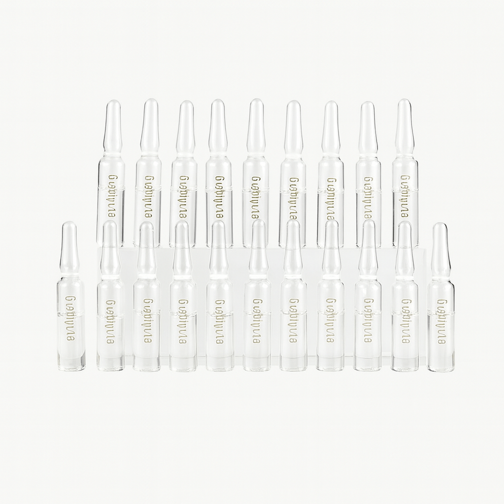 Ampoules of anti-aging serum in a clear packaging designed for intensive hydration and skin regeneration.