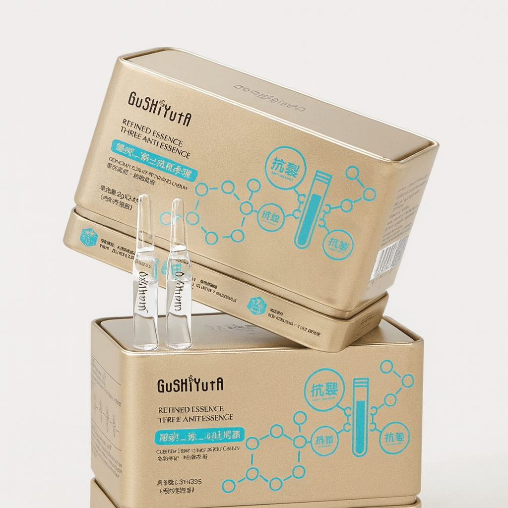 Ampoules of GUSHIYUTA Retined Essence, showcasing anti-aging serum in elegant packaging.