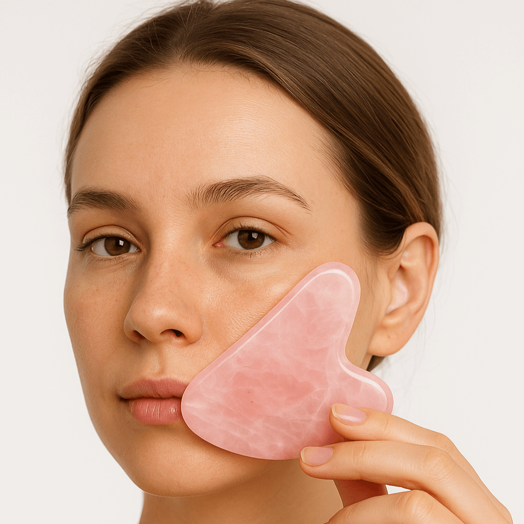 Close-up of a woman using a rose quartz Gua Sha tool on her face for skincare benefits.