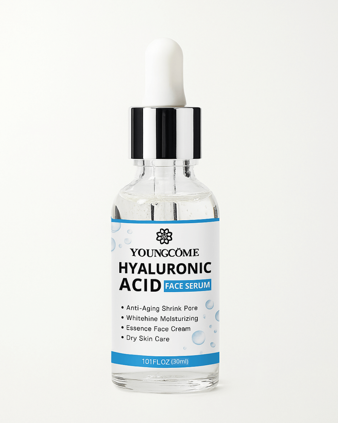 Sérum visage à l'acide hyaluronique YOUNGCOME, hydratation intense et anti-âge, flacon de 30 ml.