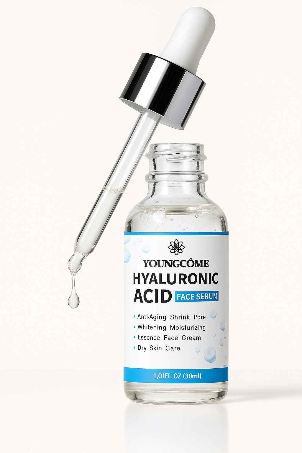 Sérum visage YOUNGCOME à l'acide hyaluronique en flacon avec pipette, formule hydratante et anti-âge.